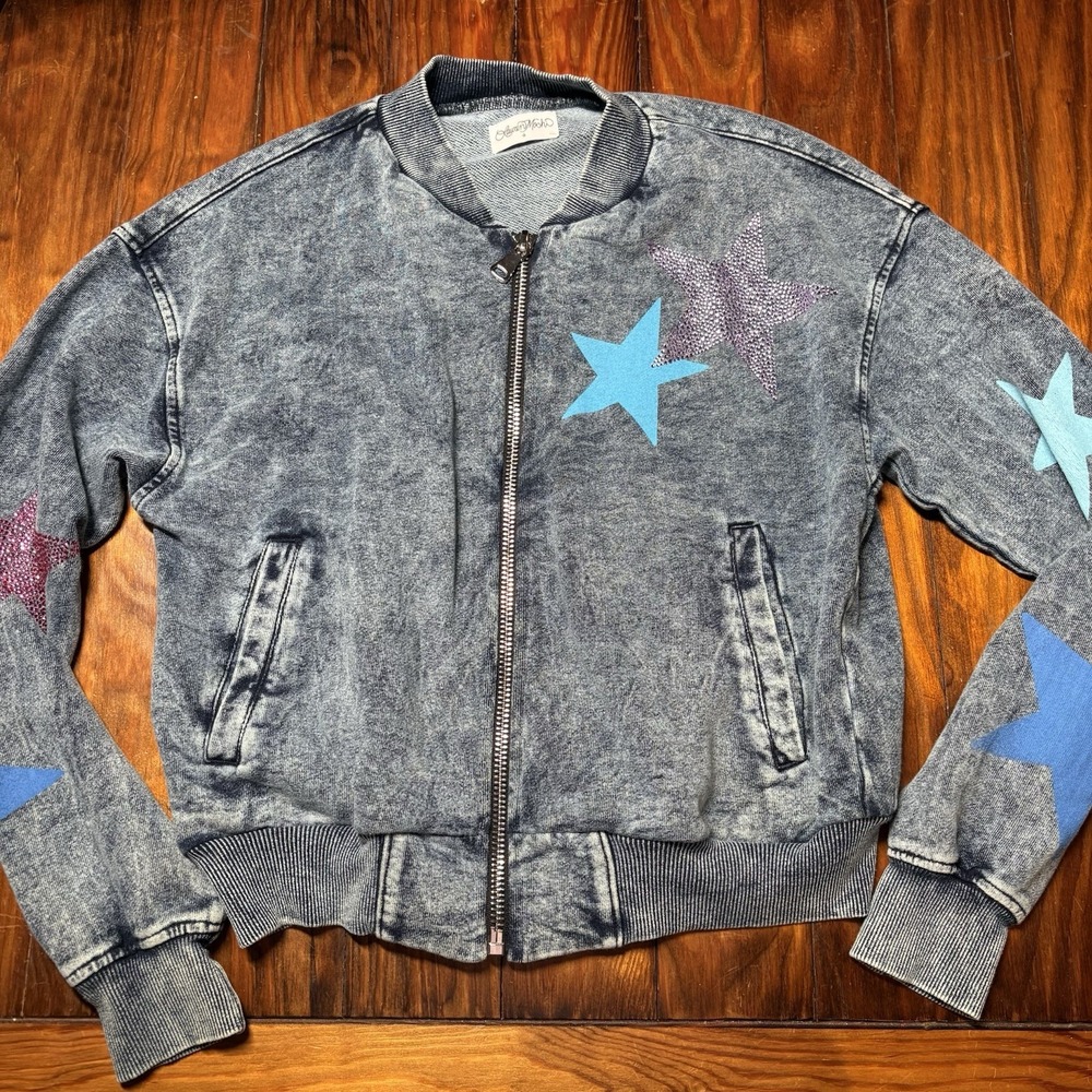 Lauren Moshi SHILESE COLOR CRYSTAL MULTI STARS Blue Denim Jacket Sz S A671